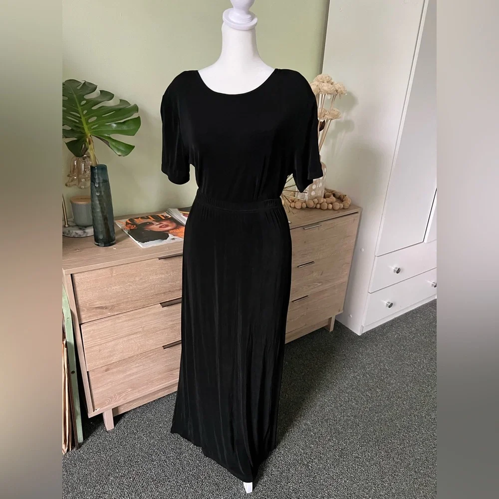 VINTAGE SLINKI Black Shirt-Sleeve Shirt & Maxi Stretch Skirt Matching Co-ord Set - Picture 2 of 16